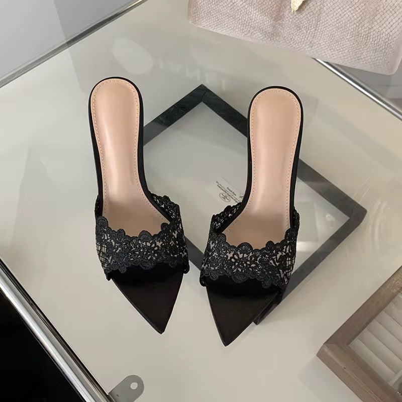 Lace Pointed-Toe Stiletto Mules – Elegant Slip-On Heels