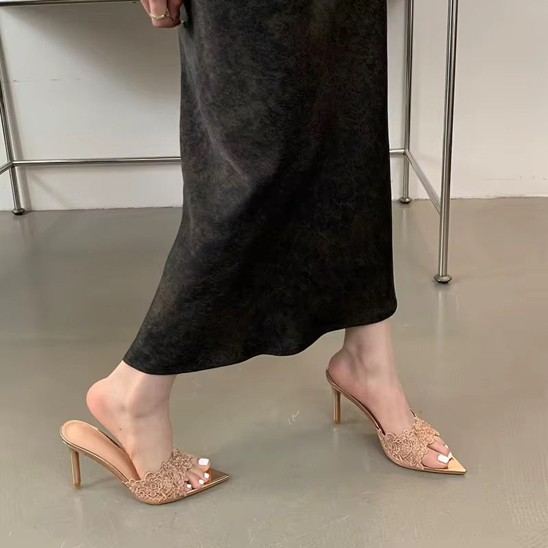 Lace Pointed-Toe Stiletto Mules – Elegant Slip-On Heels