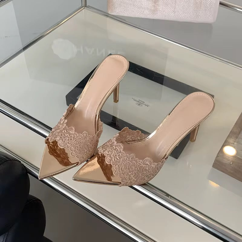 Lace Pointed-Toe Stiletto Mules – Elegant Slip-On Heels