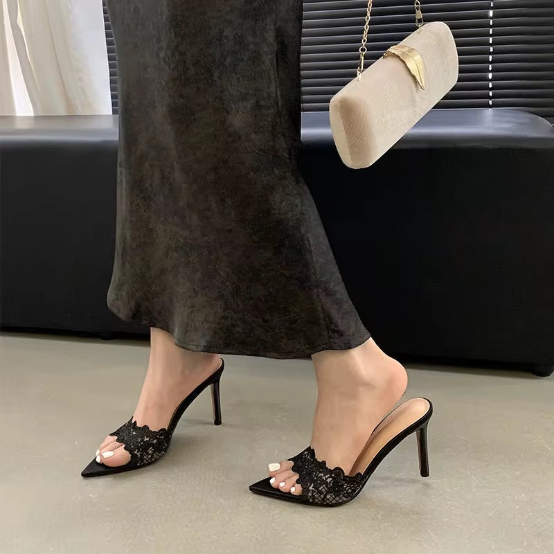 Lace Pointed-Toe Stiletto Mules – Elegant Slip-On Heels